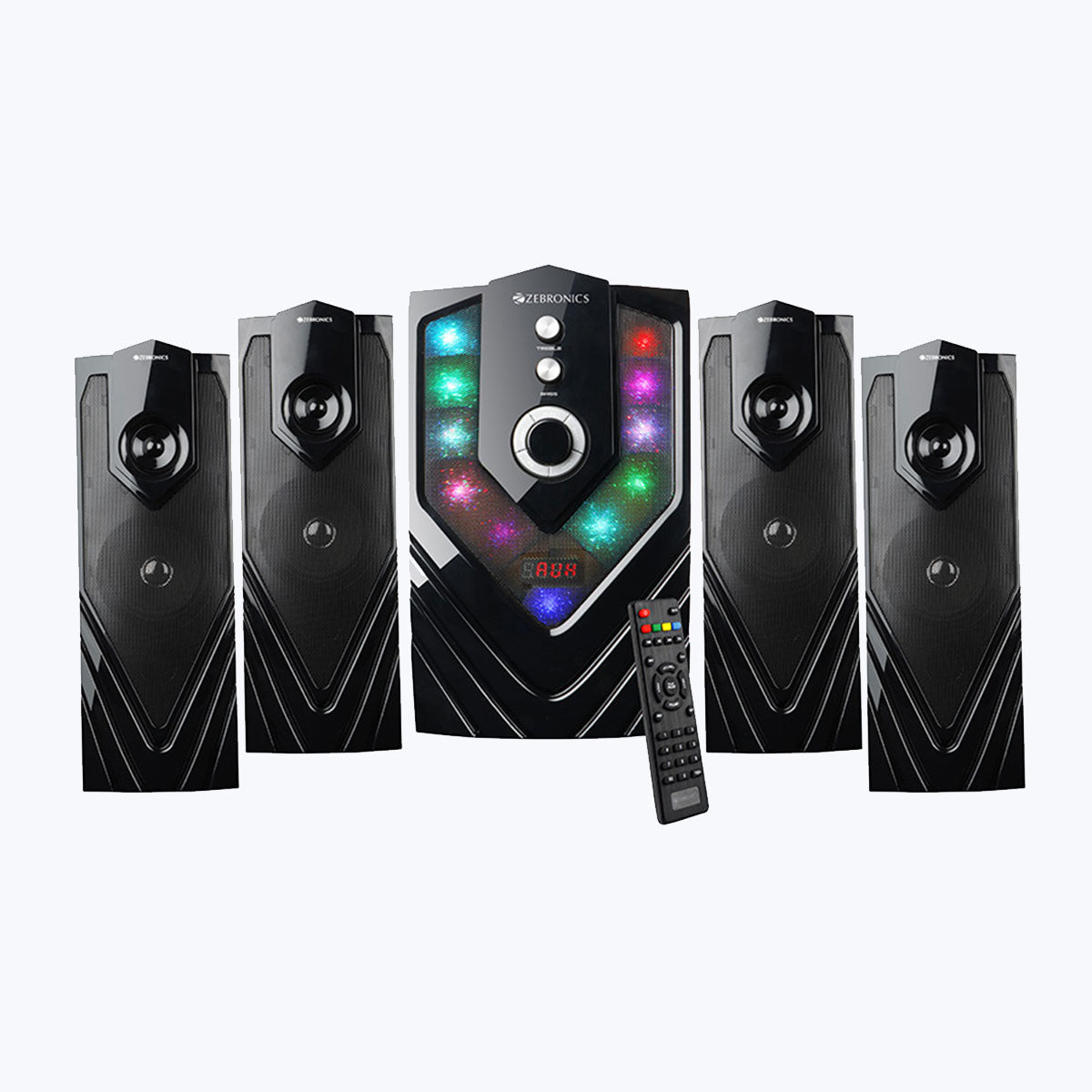 Zeb-Samba - 4.1 Speaker - Zebronics - front view with subwoofer and 4 satellites and remote