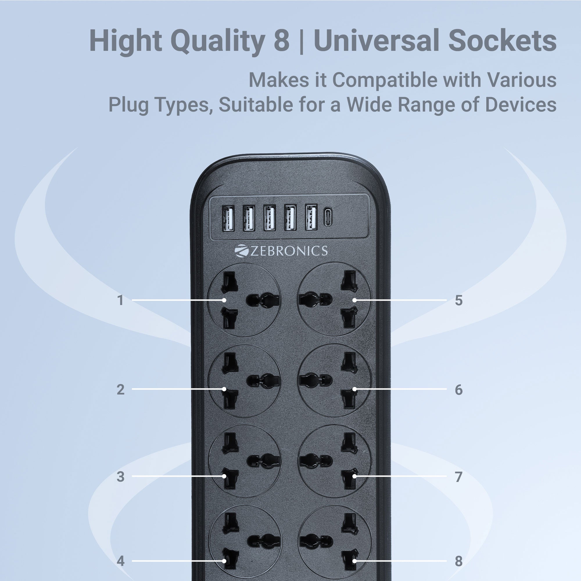 Power Bar 282 (8 x 3-pin socket, 5 x USB ports, 1 x Type-C) Extension Cord / Strip