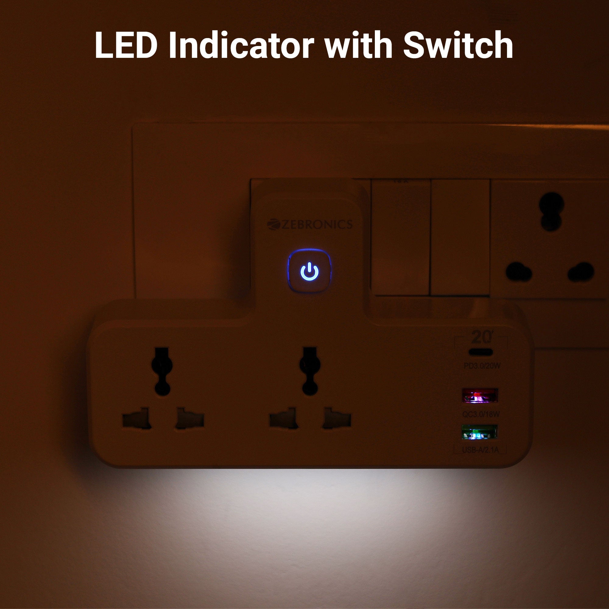 Power Plug 23 (2 x 3-pin Socket, 2 x USB, 1 x Type C) with Night Touch Light