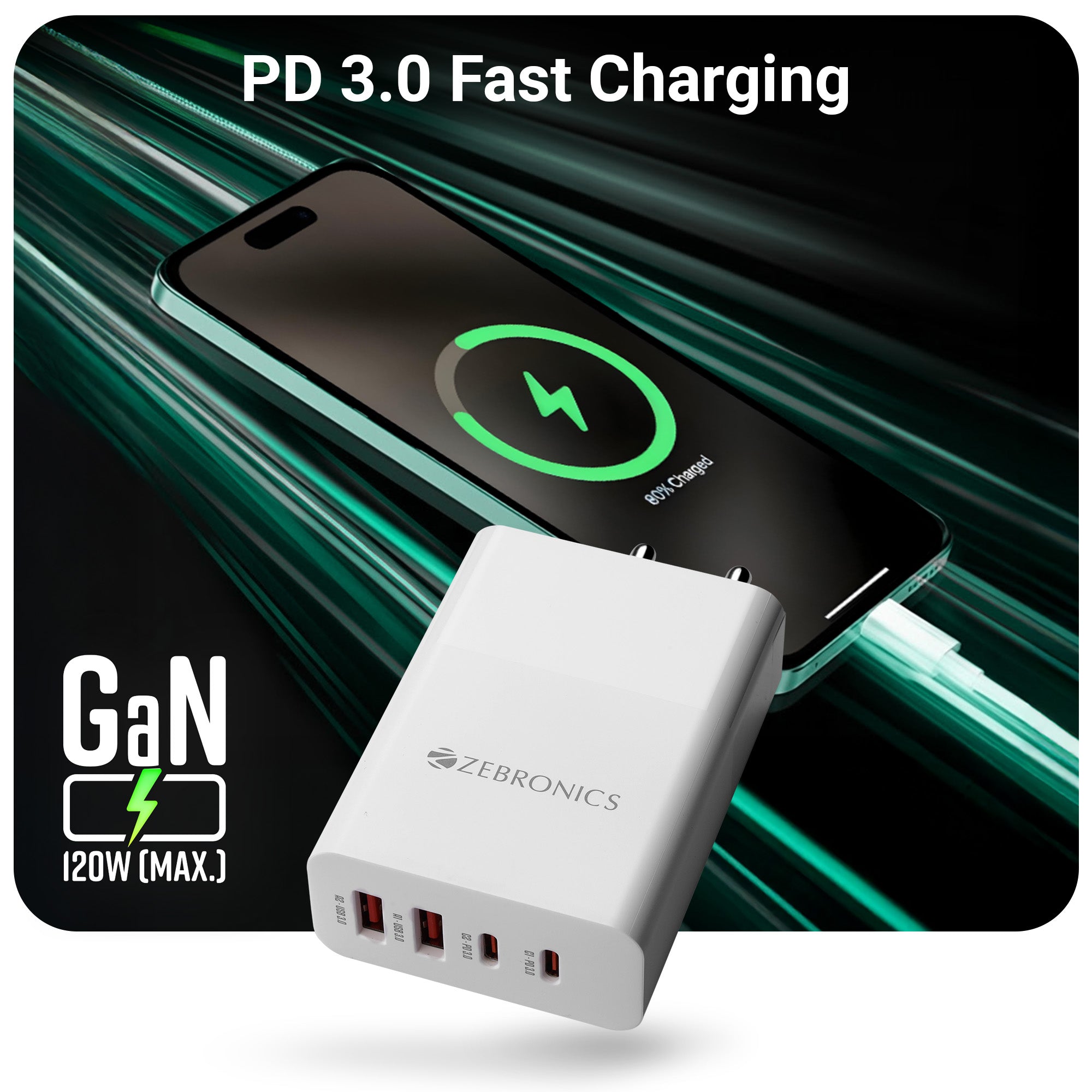 RC65B 120W GaN Charger (Type C x 2, USB 3.0 x 2), PD 3.0